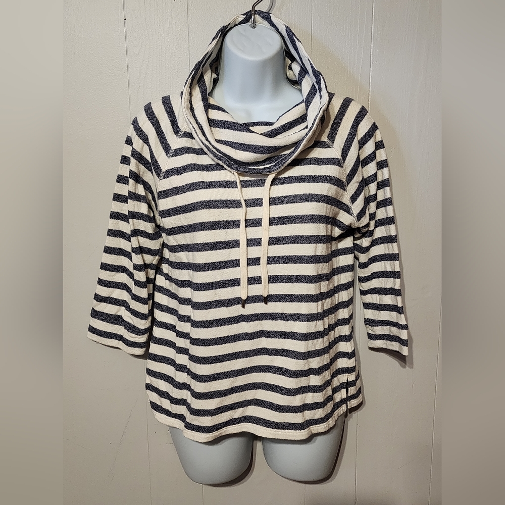 Chaps Denim Cowl Neck Sweatshirt Size Small Nautical Stripe Blue 3/4 Sleeve B174